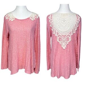 Rewind Heathered Pink Ribbed Crochet Lace Back Long Sleeve Top Size XL Coquette